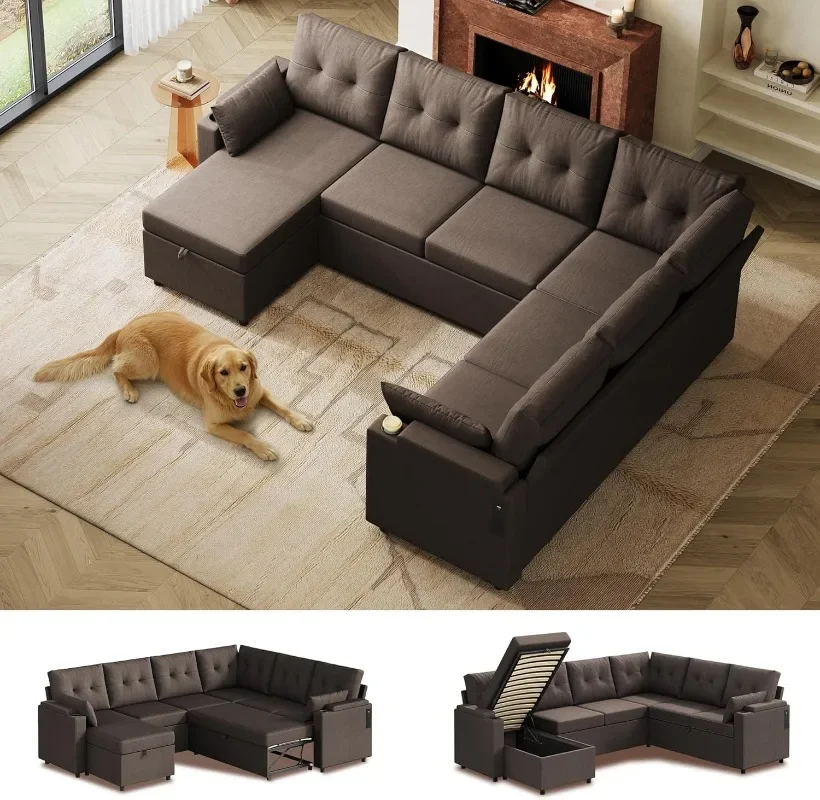 WLIVE 110'' Sectional Couches for Living Room, Pull Out Couch, U Shape 7 Seat Sleeper Sofa with Storage Chaise and Pillows,
