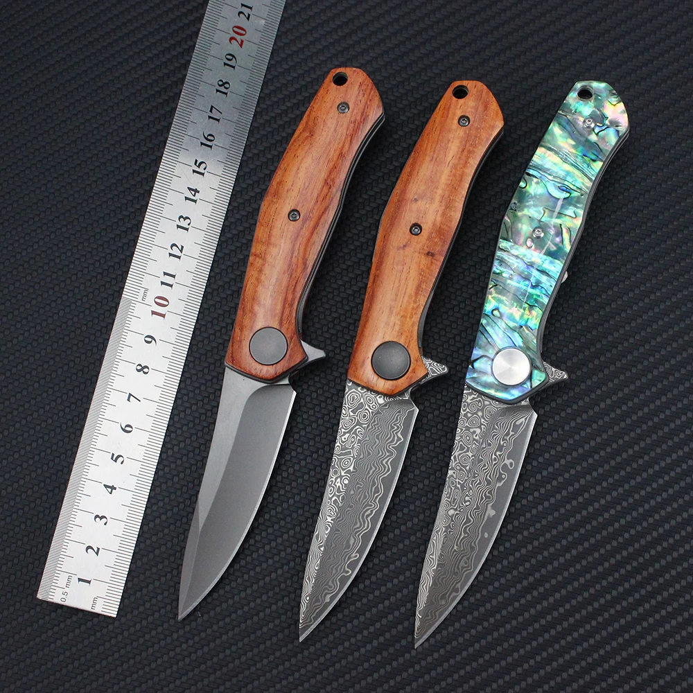 Yellow Copper Damascus Knife VG10 Steel Blade Abalone Shell/Wood Handle Outdoor Hunting Survival Pocket Knives EDC Tool