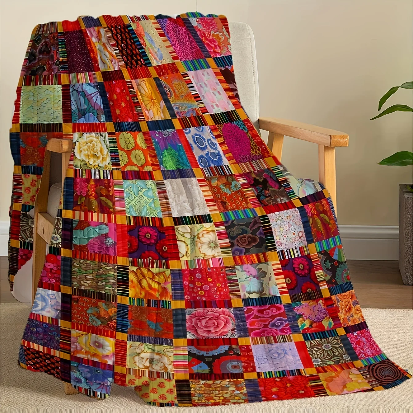 Vintage Patchwork Quilted Art Pattern Decorative Throw Blanket for Sofa, Bed, Living Room, and Home Decor Styling