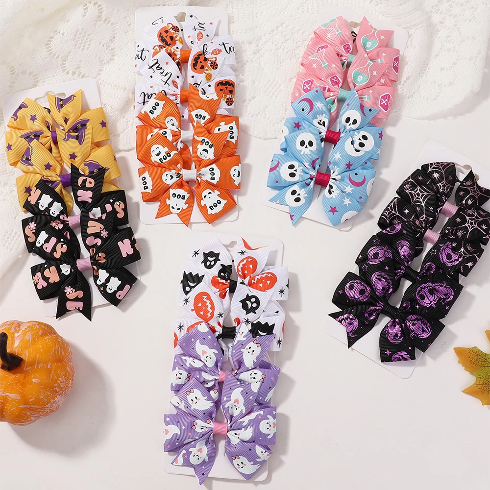 4 Teile/satz cartoon halloween kinder haarspange set sonnenblumen satinband mit schrulligen fledermaus druck haarspange