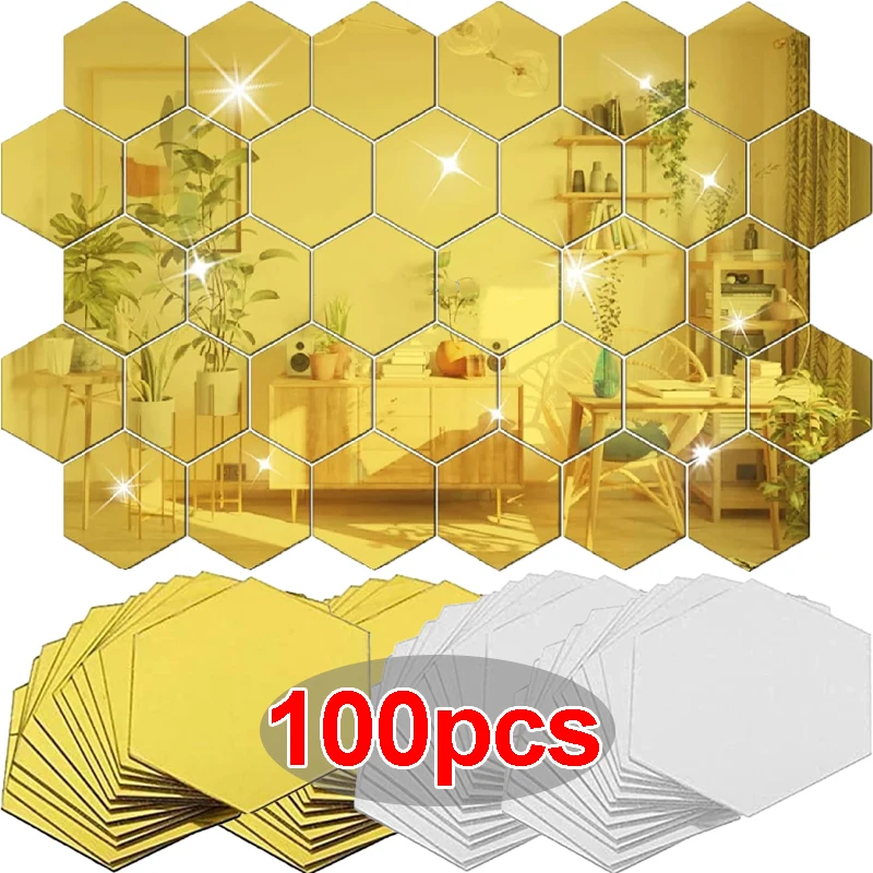 100/1pcs Hexagonal Acrylic Mirror Wall Sticker Mini Mirror Solid Paster Self-adhesive Gold Silver Decals Home Bedroom Art Decor