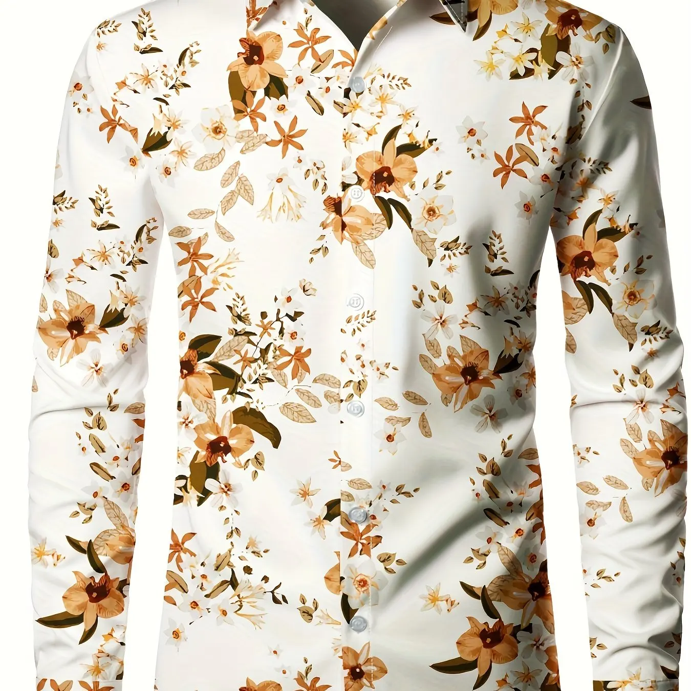 Camisa estampada floral manga longa masculina, tops de férias diárias, fechamento lapela, ajuste regular, casual