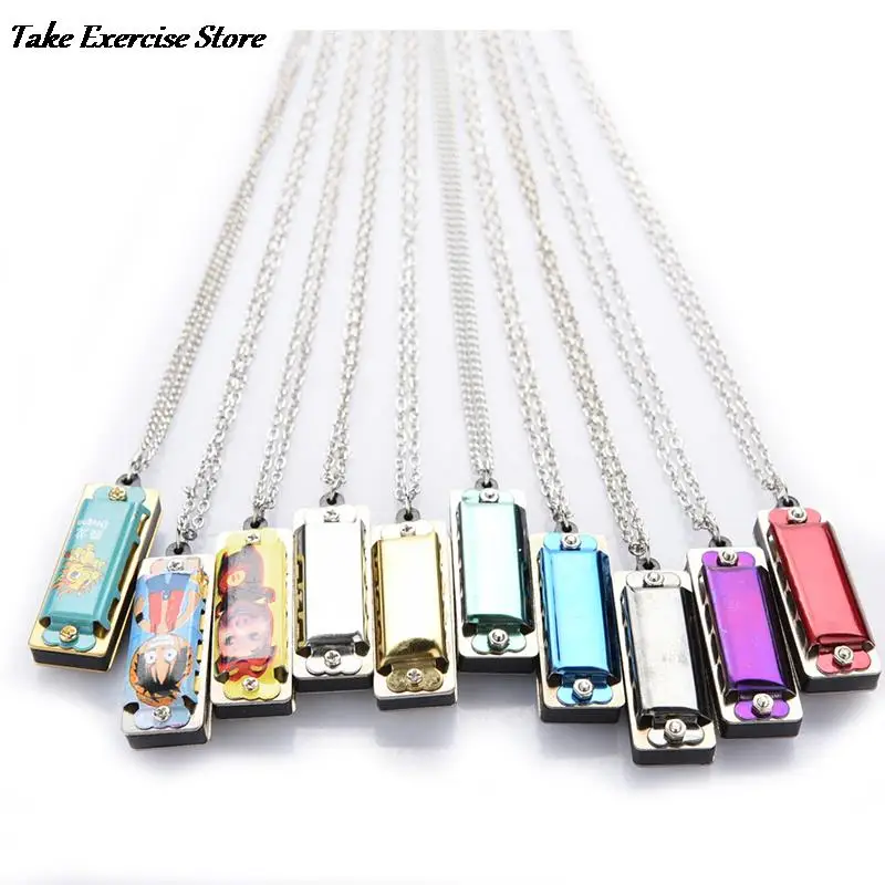 Mini 4 Hole 8 Tone Harmonica Metal Necklace Design Chain Toy Gift Color Random