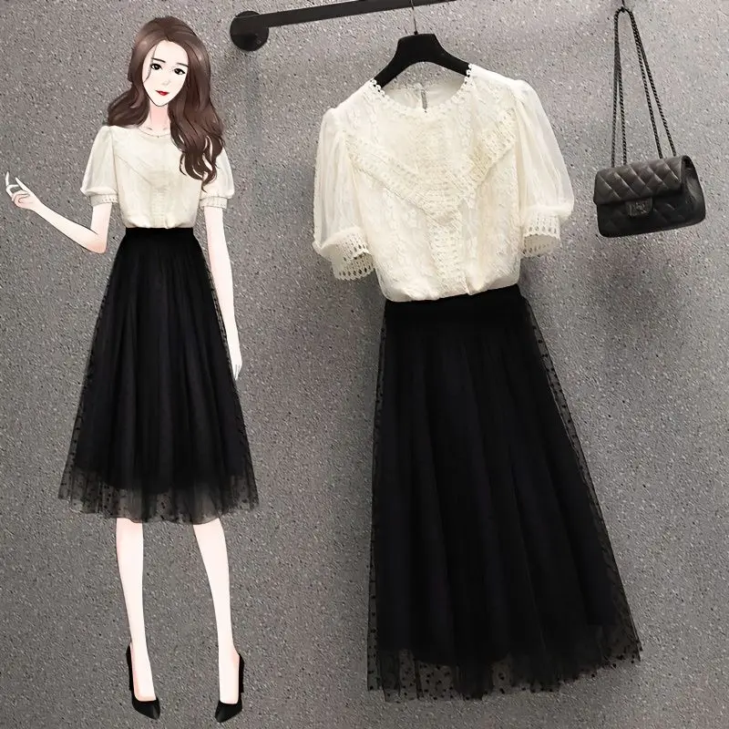 

Summer Slightly Fat Wearing Set Skirt 2024 New Style Versatile Lace Top Mid Length Half Skirt Set/Single Piece