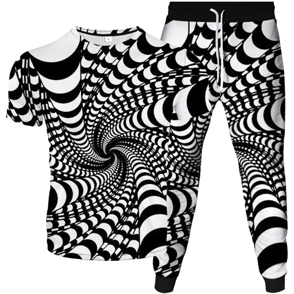 T-Shirt+Jogging Long Pants 2Pcs Set Mens Tracksuit Black White Vortex Graphic Vertigo Hypnotic 3D Print Clothing Suit Size S-6XL