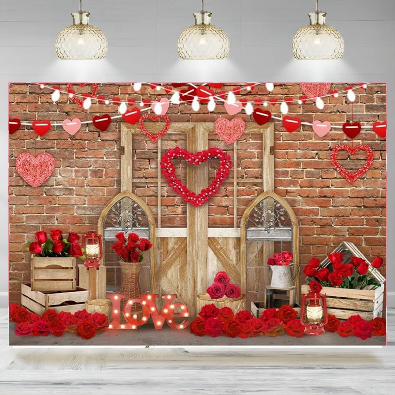 Valentine's Mother’s Day Photography Backdrops Wood Door Red Rose Flower Love Heart Lights Background Baby Shower Party Banner