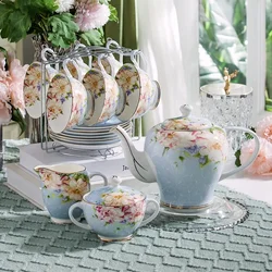 Pink Blue Flower Bone china Coffee Cup Set Porcelain Tea Cup Set Ceramic Pot Mug Sugar Bowl Creamer Teapot Milk Jug Teaset