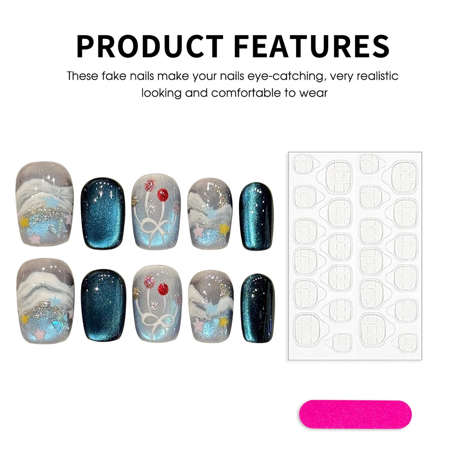 10 pièces presse à la main sur les ongles, faux ongles carrés courts bleus yeux de chat brillants faux ongles portables conceptions d'étoiles de nœud papillon