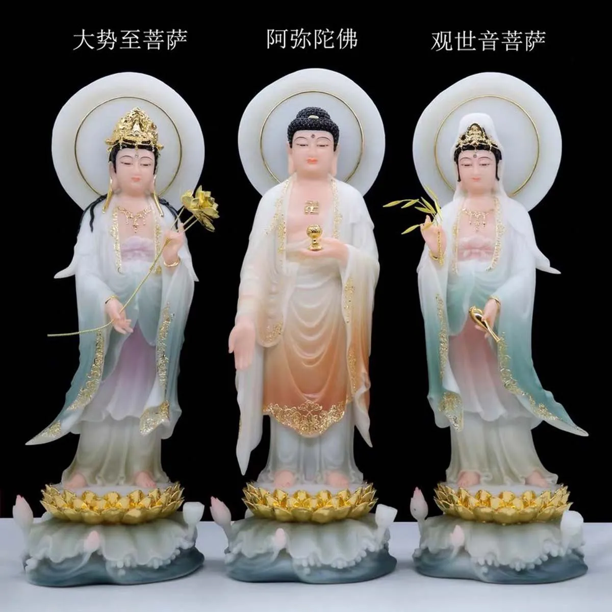 A SET 3P Buddhism figure jade gilding XI FANG SAN SHENG buddha  HOME Prosperity safe luck FENG SHUI statue