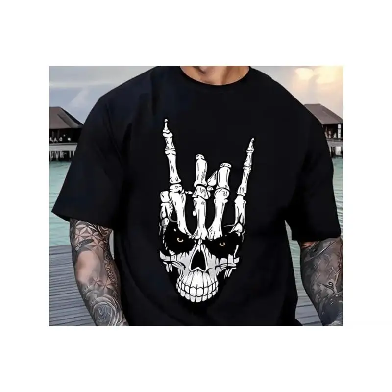 

Rock Hand Sign Skeleton T-shirt Heavy Metal Graphic Tee Punk Gothic Skull Unisex Casual Loose Fit Summer Cotton Short Sleeve Top