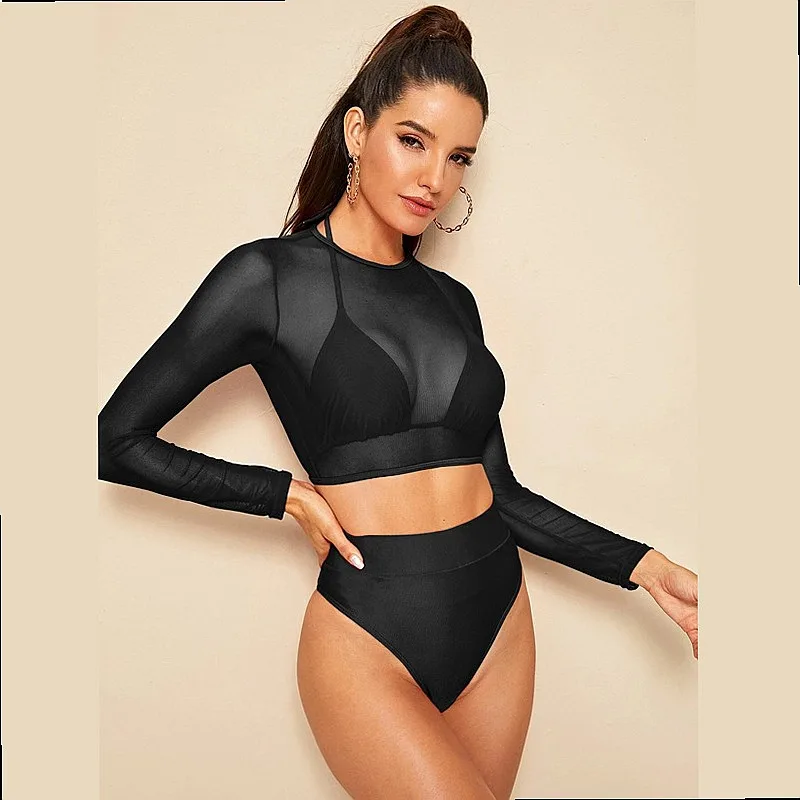 2026 Long Sleeve Mesh See Through High Waist Tummy Control Sexy Bikini Set Padded Swimwear For Women Summer Beach Pool Bathing