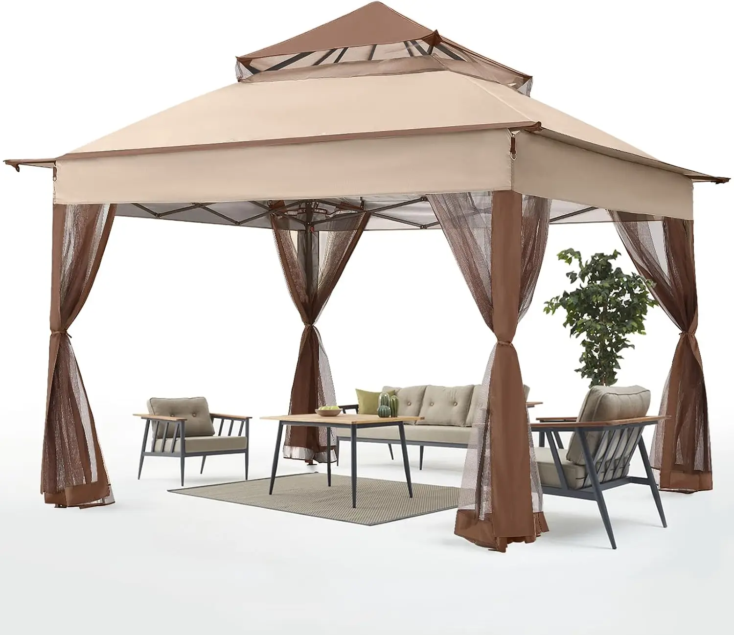 Pop Up Outdoor Gazebo Canopy Tent Eleven By Eleven Foot Shade Shelter With Mosquito Netting Wall Portable Mesh Screen Pavilion For Backyard Patio Lawn Camping Trip Beige One Pack