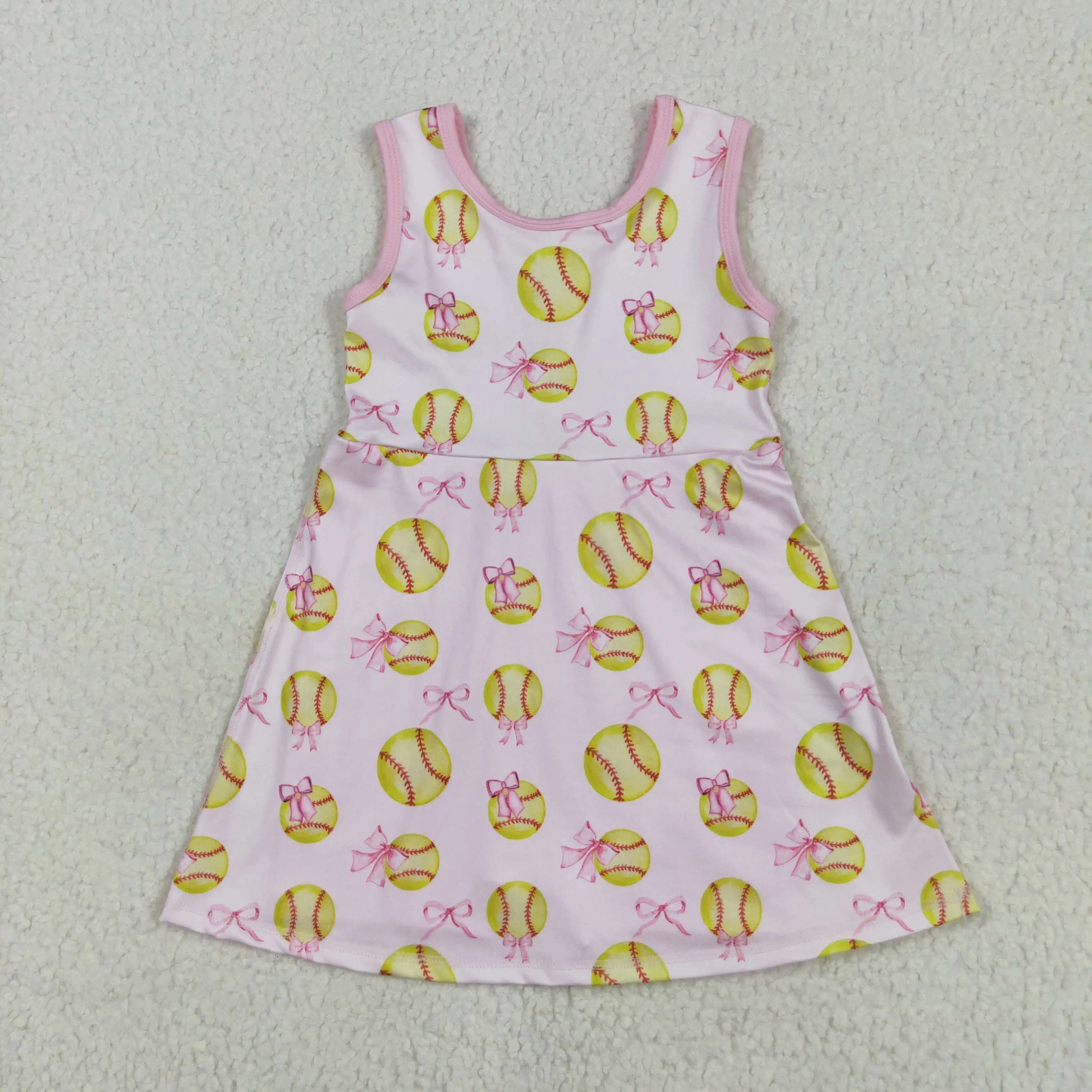 

High Quality Baby Girl Pink Softball Print Dress Wholesale Western Summer Clothes Children Kids Yoga Sleeveless Dress