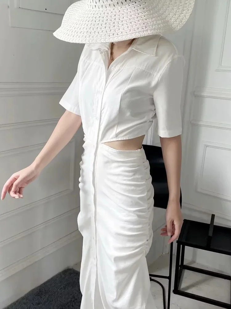 

2024 Women's Fashion Expose Waist Sheath Long Dress Elegant Short Sleeve Single Breasted Bandage Ruched Shirt Summer Dress