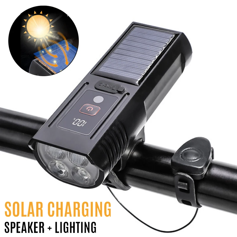 Lumière solaire de vélo avec klaxon, détection intelligente, affichage de puissance Rechargeable de Type c, lampe avant de vélo vtt, sonnette de lanterne de vélo