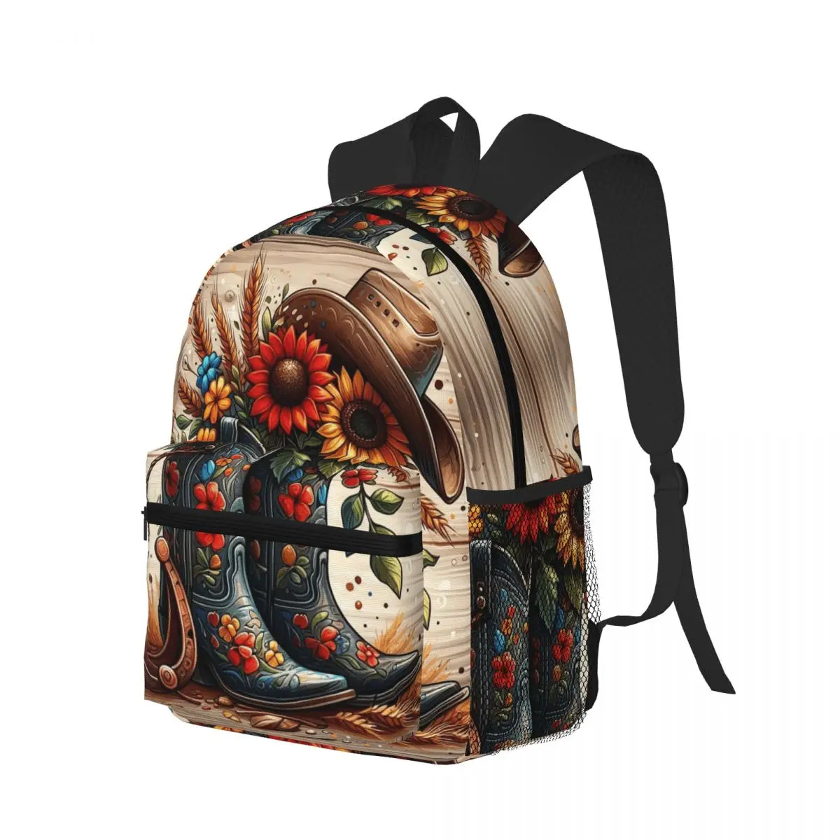 Western Cowboy Boots With Hat And Flowers 8 Student Backpack School Bag Hiking Daypack for Boys Girls Bookbag Shoulder Bags