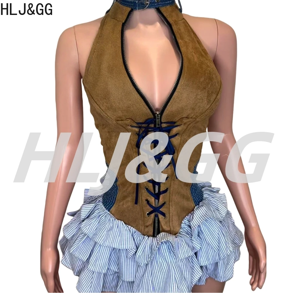 HLJ&GG Trendy Women Patchwork Plaid Mini Dress Women Halter Sleeveless Bandage Ruffle Vestidos Y2K Fashion Retro American Street