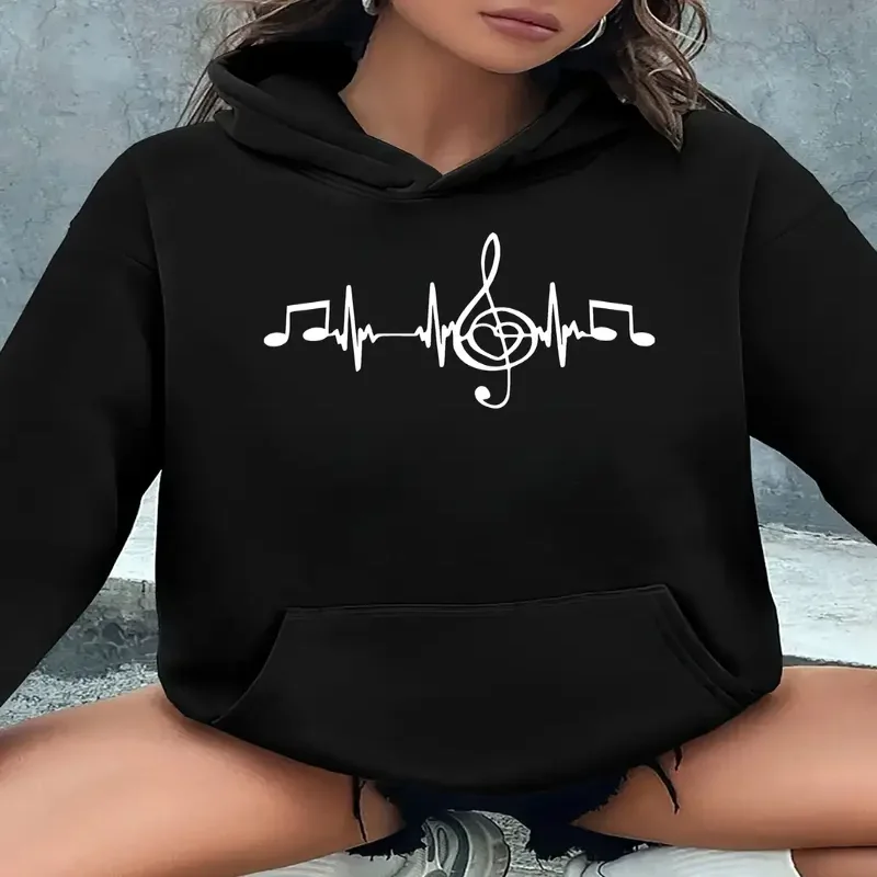 

Женская осенне-зимняя уличная одежда, повседневная толстовка с длинными рукавами, музыкальная нота, пуловер с рисунком сердцебиения, карман-кенгуру, подарок для любителей музыки
