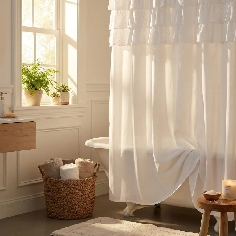 

Flamenca White Eyelet Boho Waterproof Polyester Shower Curtain for Modern Farmhouse Bathroom