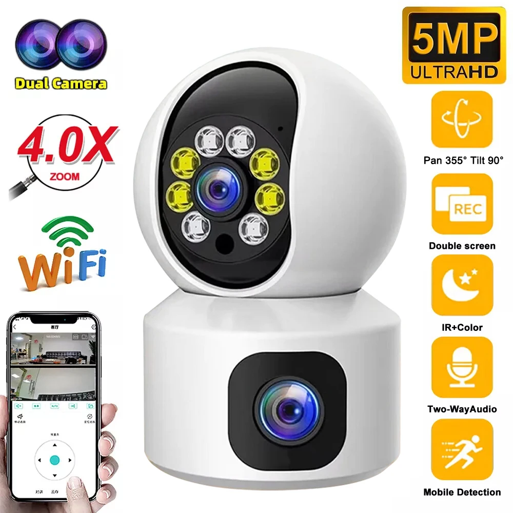 camera de seguranca domestica com lente dupla rastreamento automatico filmadora de vigilancia cctv wifi ip tela dupla monitor do bebe ptz 5mp 01