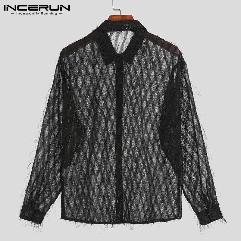 INCERUN Tops 2024 Korean Style Men\'s Solid Long Sleeve Shirts See Through Blouse Fashion Male Sexy Leisure Party Nightclub S-5XL