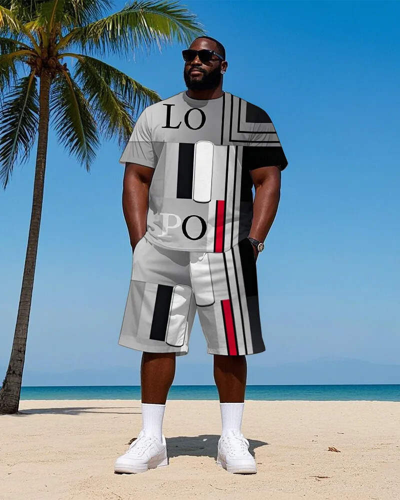 Men's Plus Size 2 Piece Color Block T-Shirt and Shorts Set with Bold Lettering, Short Sleeve, Casual Summer Travel Wear, S-9XL