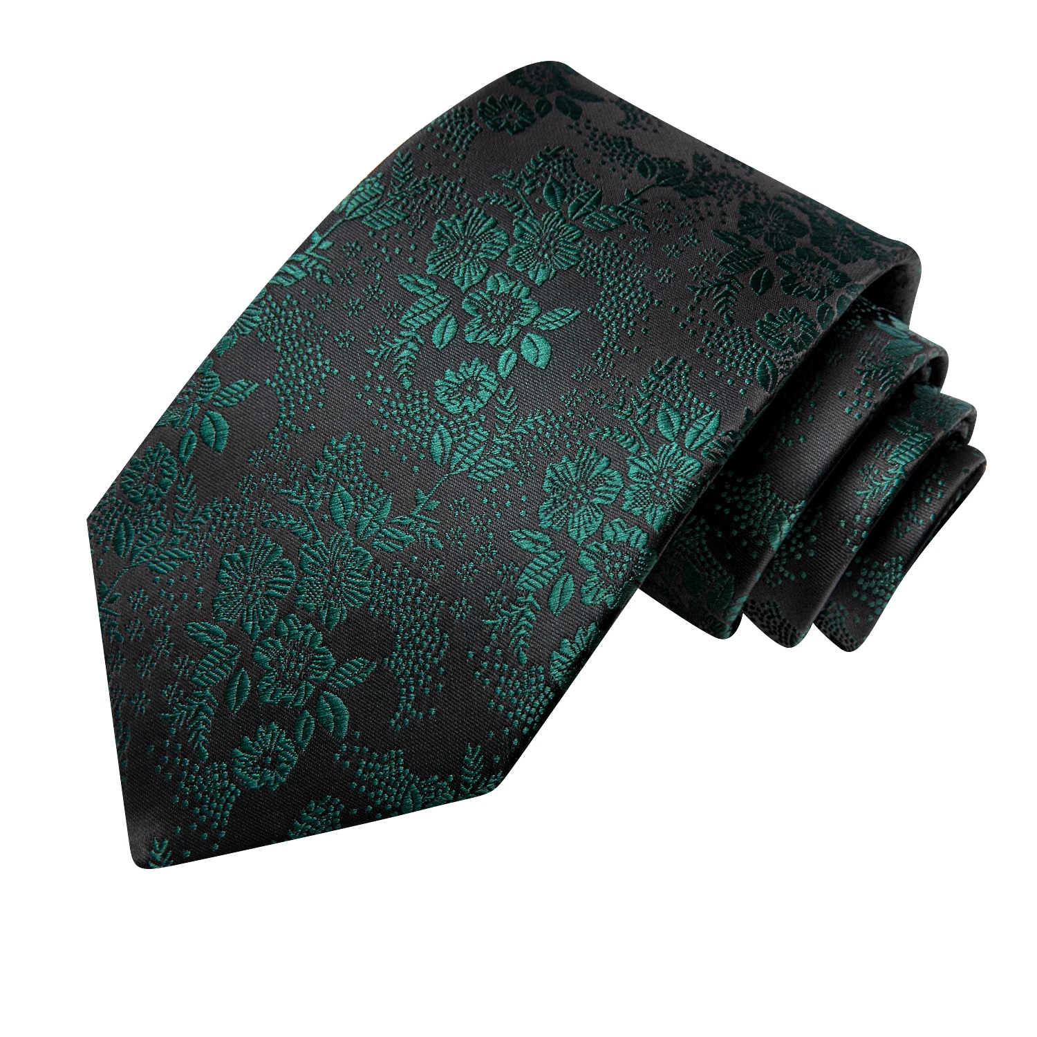 3-teiliges Herren-Krawatten-Set mit grünem Blumenmuster, Einstecktuch, Manschettenknöpfe, Hochzeit, formell, lässig, Büro, Party