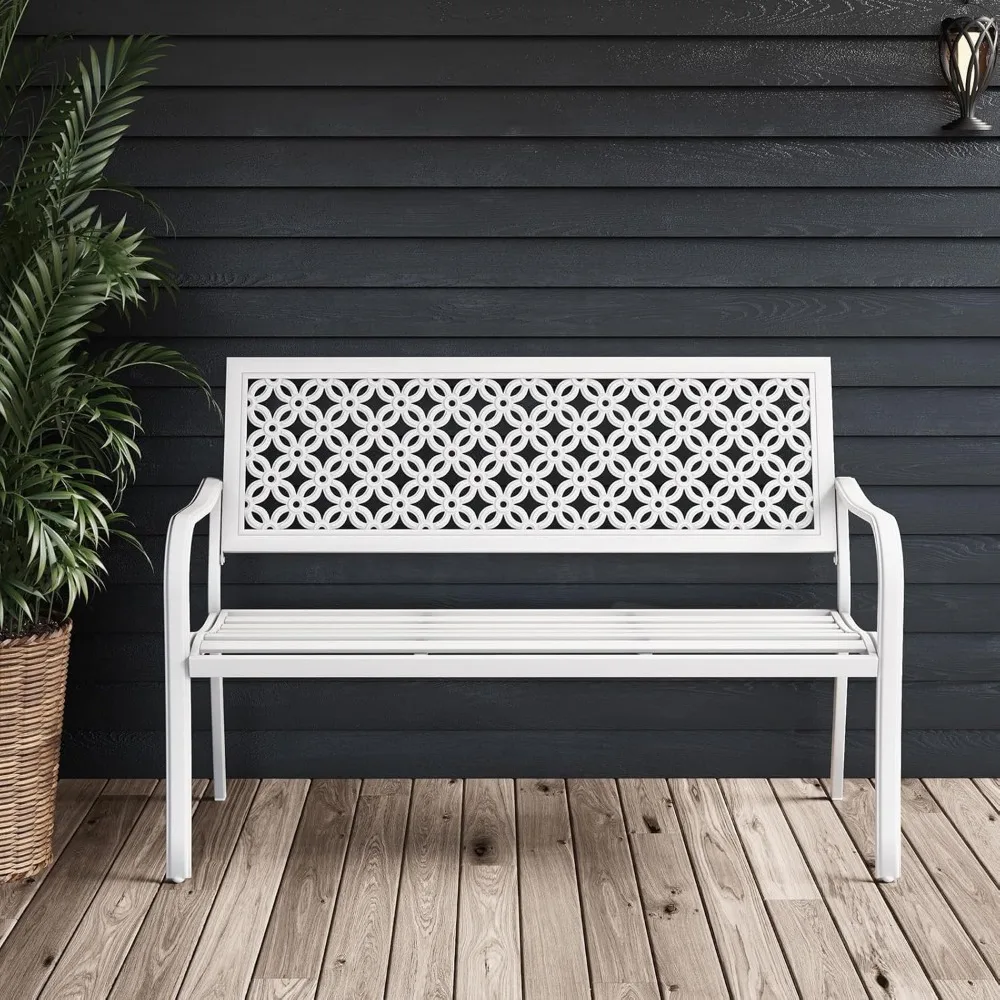 

Garden Bench, Outdoor Benches with Anti-Rust Metal Powder Coated Frame, Patio Bench for Front Porch Park Outside Furniture Deco