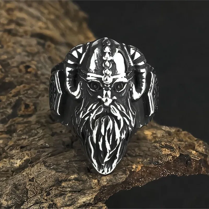 Men Viking Thor Hammer Ring Stainless Steel Vintage Hip‑Hop Ram Horn Helmet Warrior Design Daily Wear Finger Jewelry Accessory