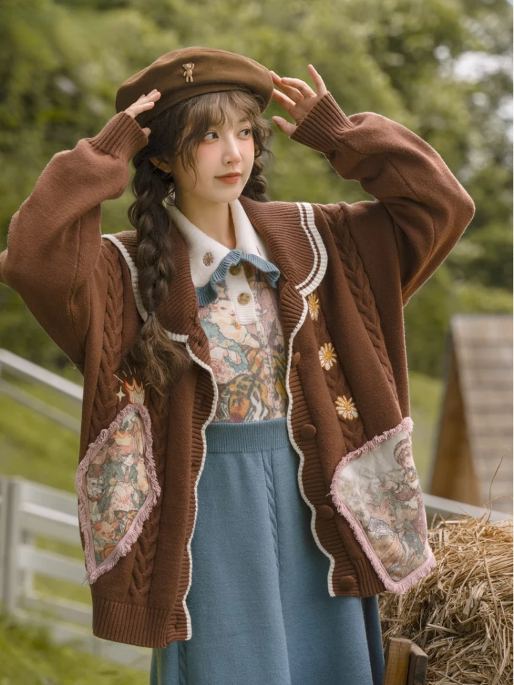 

Vintage Preppy Style Cardigans Women Sweet Girl Floral Cartoon Maillard Sweater Knitting Young Lady Baggy Coats Y2k Outwear Ins