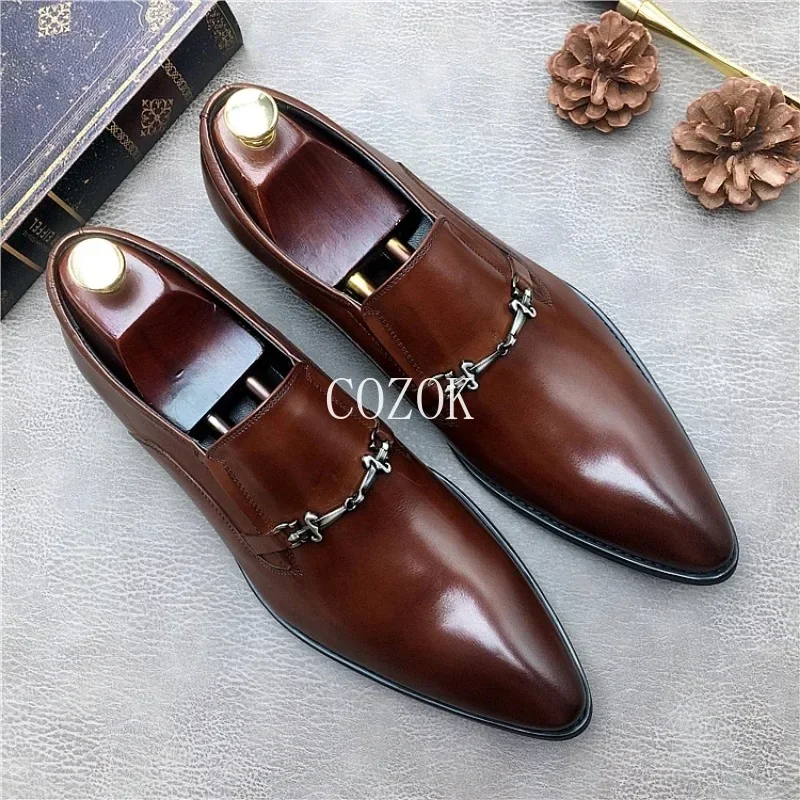 2024 New Fashion Set Toe Leather Loafers Men\'s Head Layer Cowhide Breathable Lazy Leather Shoes Men  Men Dress Shoes