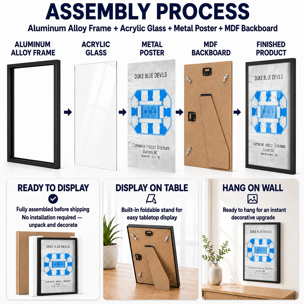 Cameron Indoor Stadium Metal Poster With Aluminum Alloy Frame Customized Technical Drawing Wall Art For Clubhouse Reception Area