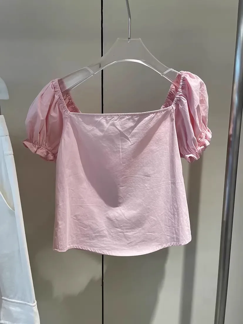 

Summer Women's irt Puff Sve ort Dr Square Collar Doll Sle Sweet ort Length White Top Commute Sle Pure Color