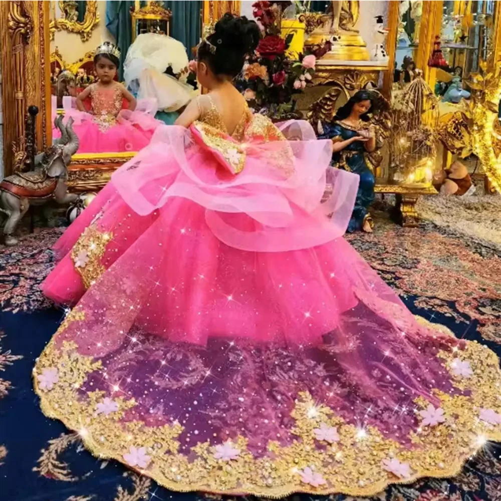 

2025 New Customized Flower Girl Wedding Dress Gold Appliques Lace Backless Princess Birthday Pageant Events Evening Party Dress
