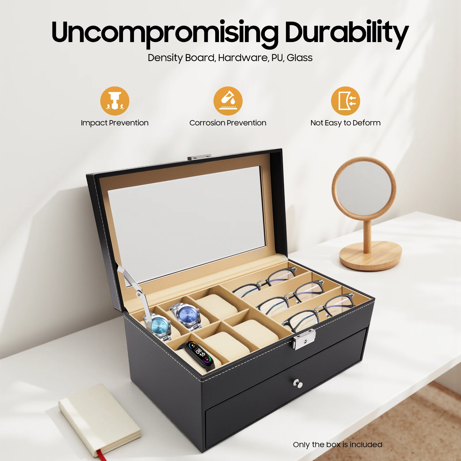 2-Tier Watch & Eyeglasses Storage Box 6 Watch Slots + 9 Glasses Compartments Retro Lockable Organizer with Glass Lid