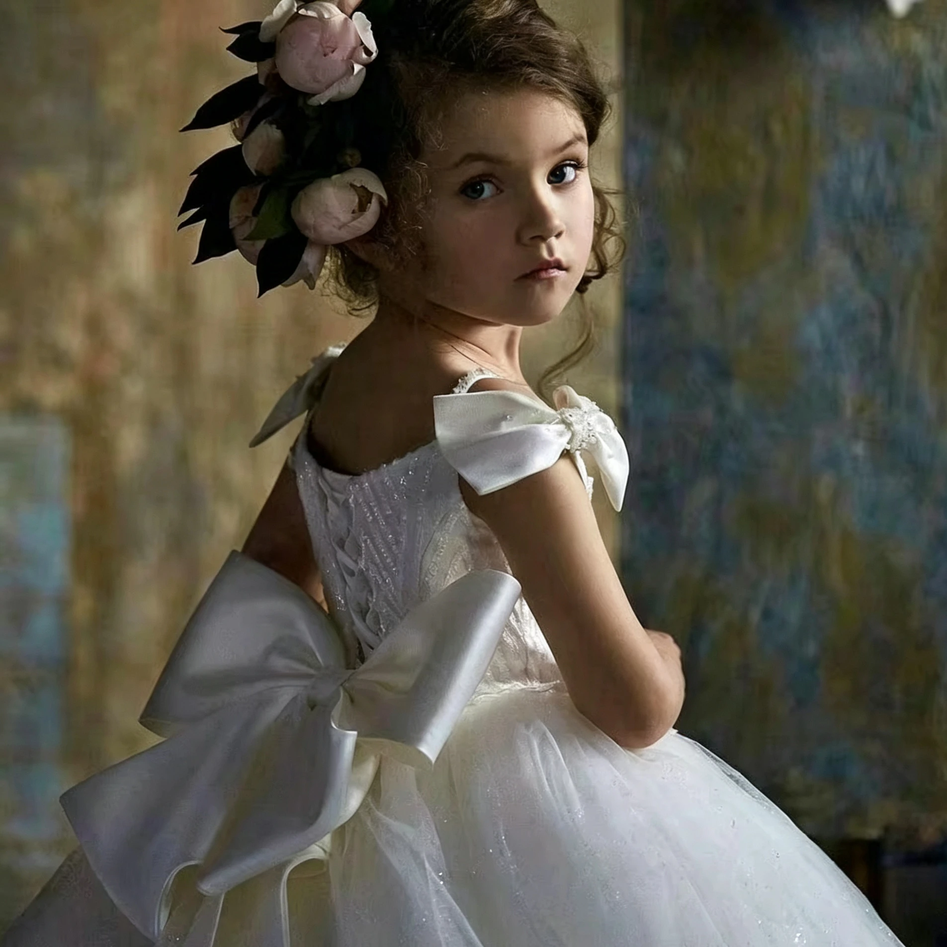 Customized White Flower Girl Dress For Wedding Lace Bow Short Sleeve Floor Length Elegant Kids Birthday First Communion Gown