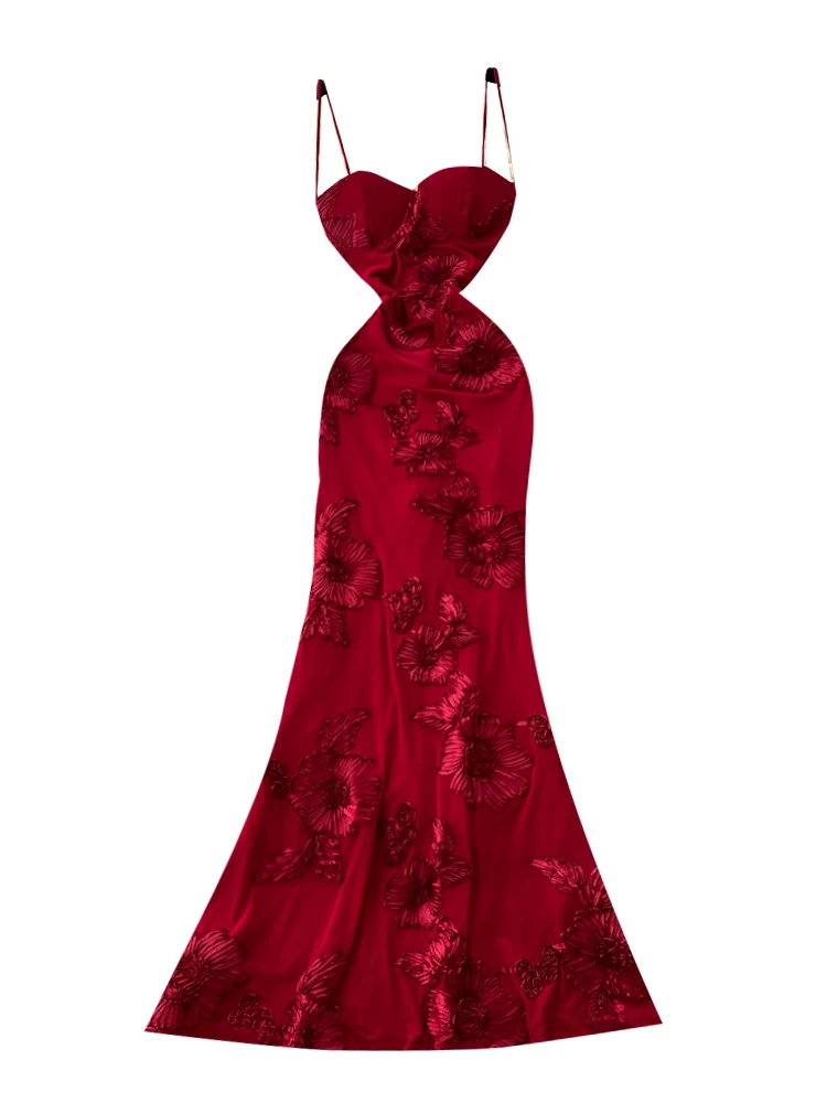 Rotes Abendkleid für Damen, luxuriös, Stickerei, schwere Arbeit, Taille, Cinching, schlankmachend, Ele Strapl, figurbetont, Dr