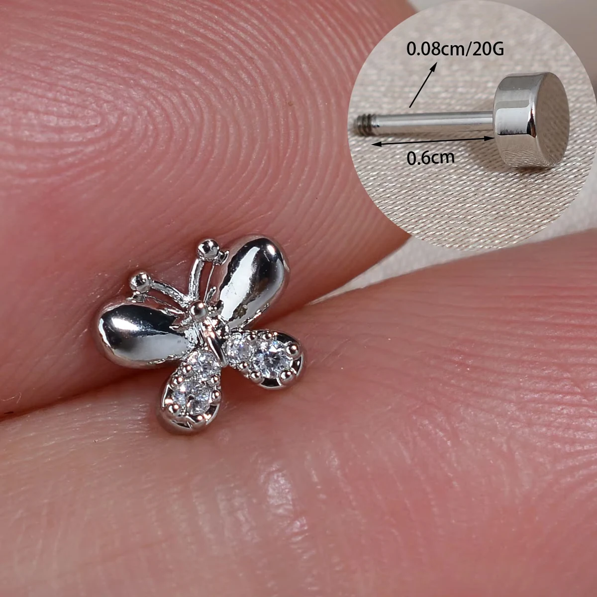 1 Stück 20G Winziger Kristall-Schmetterling Knorpel-Ohrstecker aus Edelstahl mit Zirkonia für Conch, Rook, Tragus, Damen Flachpiercing-Schmuck – Detail 2