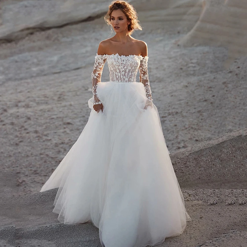 

Fairy Boho Off Shoulder Beautiful Wedding Dresses Detachable Puff Long Sleeve Lace Bride Dresses Vintage Wedding Gowns Robe 2023