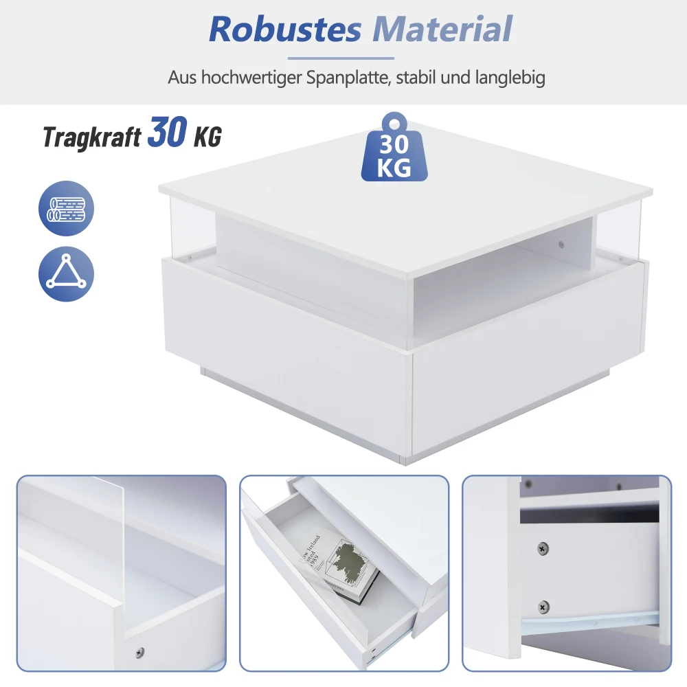70 x 70 x 41 cm großer moderner Hochglanz-LED-Couchtisch mit 2 Schubladen und transparentem Präsentationsbereich, belastbar bis zu 30 kg – Detail 40