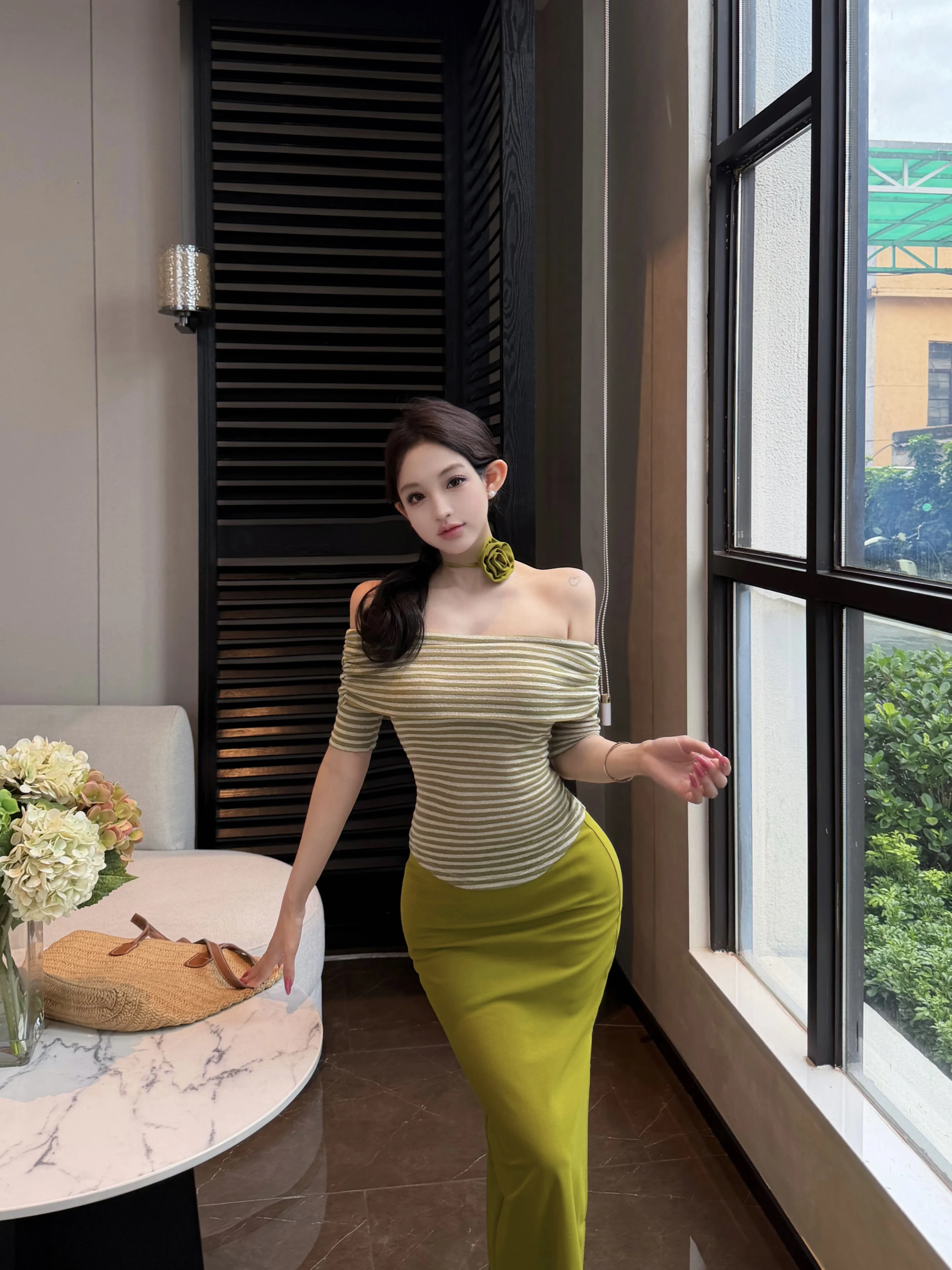 

Hot Girl Pure Desire Spicy Set Waist Cinched Stripe One Shoulder Short Sleeve T-Shirt Women Summer Split Skirt Two Piece...