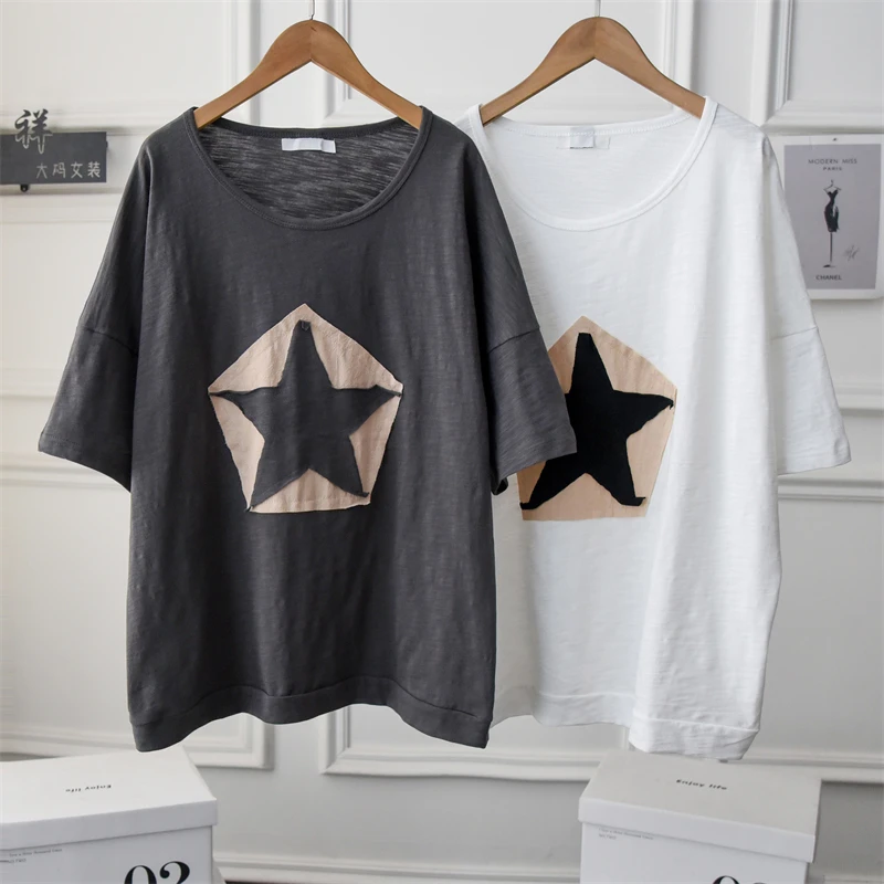 Cotton Patchwork Star Women T-Shirts Summer Vintage Loose O-Neck Casual All Match Female Pulls Tops Tees