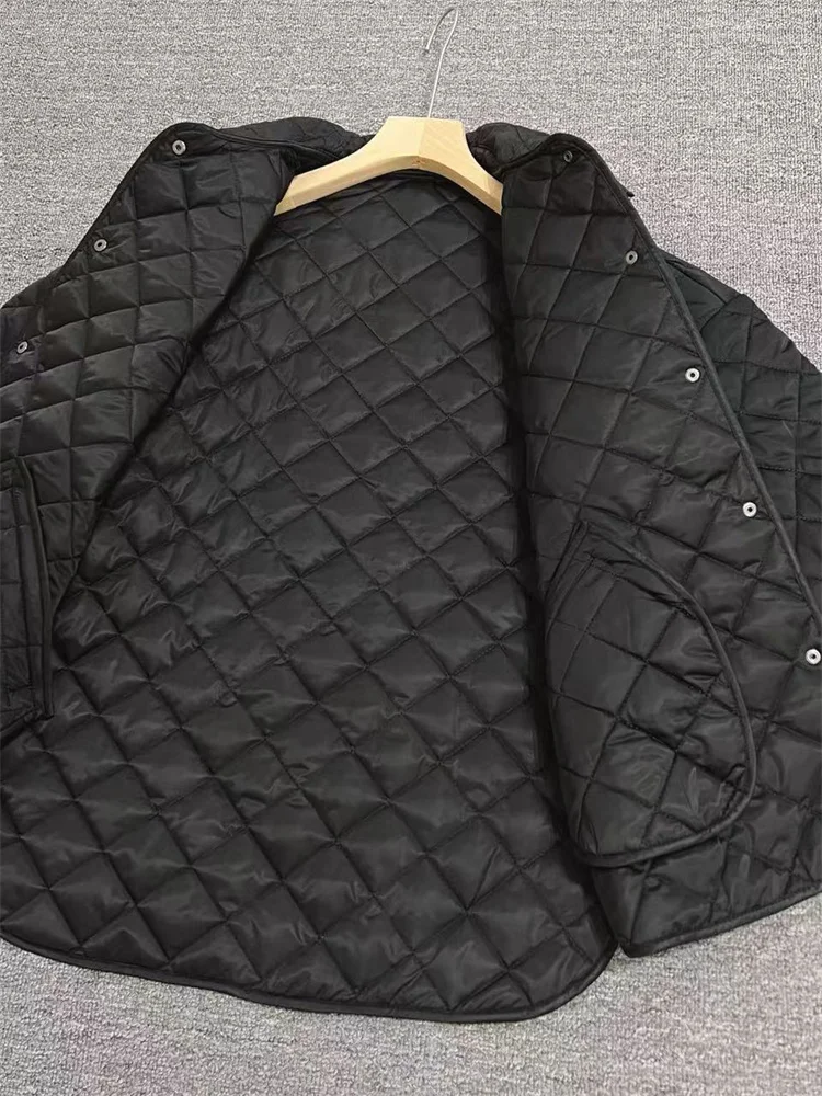 Fashion Women's Black Quilted Coat Diamond Check Turn-Down Collar Female Single-Breasted Long Sleeve Loose Jacket and Top 2025