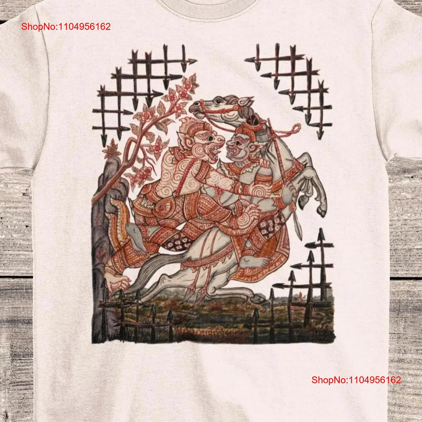 Hanuman atrapa escena Virunyananti de Ramayana Vintage acuarela folclore tailandés mitología devocional Rama arte hindú camiseta