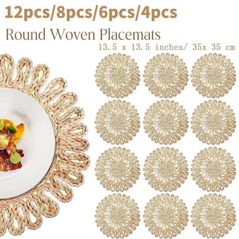 12-4PCS Wedding Woven Placemats Boho Farmhouse Tablemat Individual Christmas Rattan Tablemats for Baby Shower Party