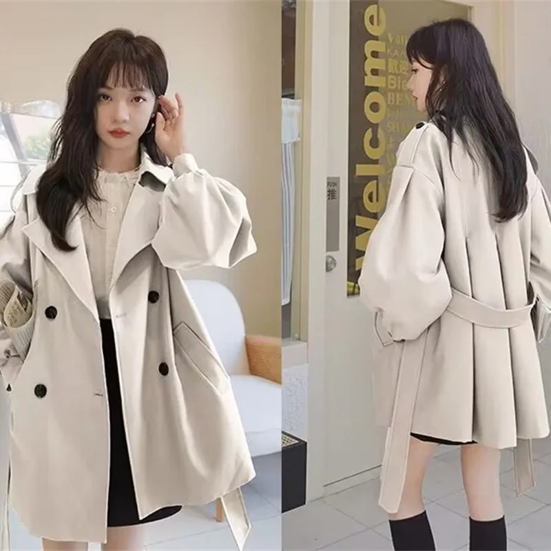 

Korean Ladies Fashion Windbreaker Coat Autumn Female Solid Color Trench Jacket Women Lantern Sleeve Lined Tops ﻿
