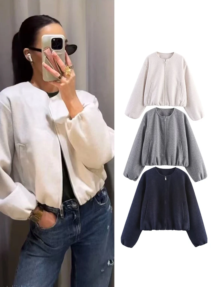 

Женская короткая куртка на осень-зиму, теплая, свободная, повседневная, шикарная, простая, с круглым вырезом, женская мода, однотонные короткие пальто, новинка 2023 года