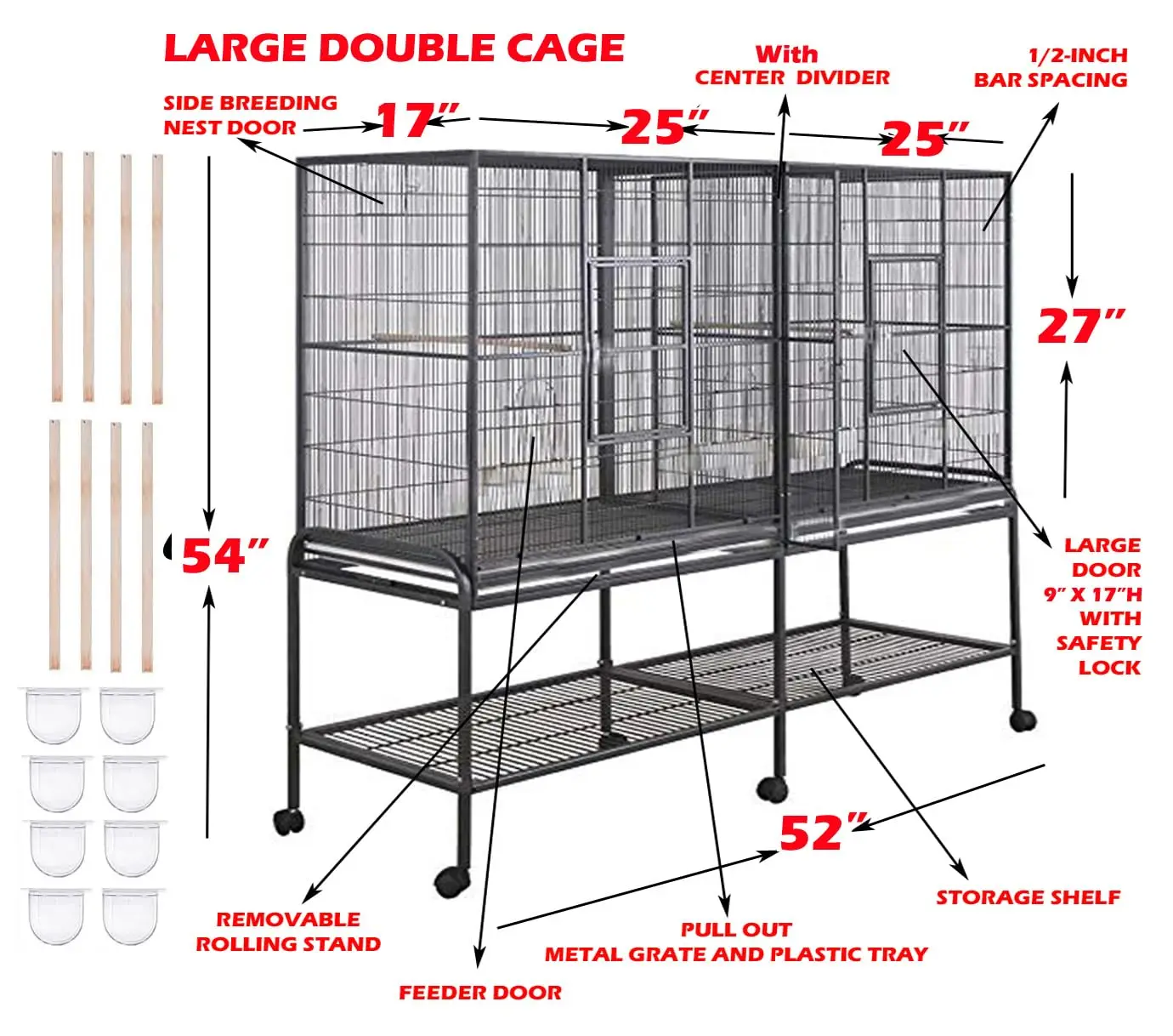 Large Double Birdhouse Treehouse Bird Flight Center Divider Cage with Side Breeding Nest Doors Removable Rolling Stand