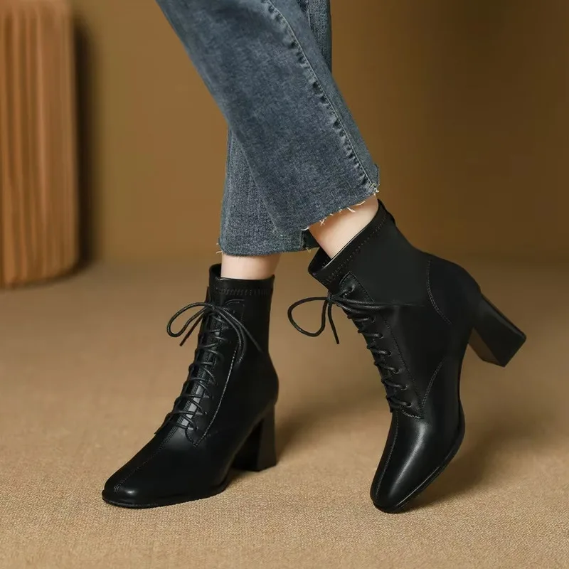 

Ladies Pumps High Heeled Straps Stylish Square Toe Short For Women In Spring And Autumn Single Boots Thick Middle Heels Shoese