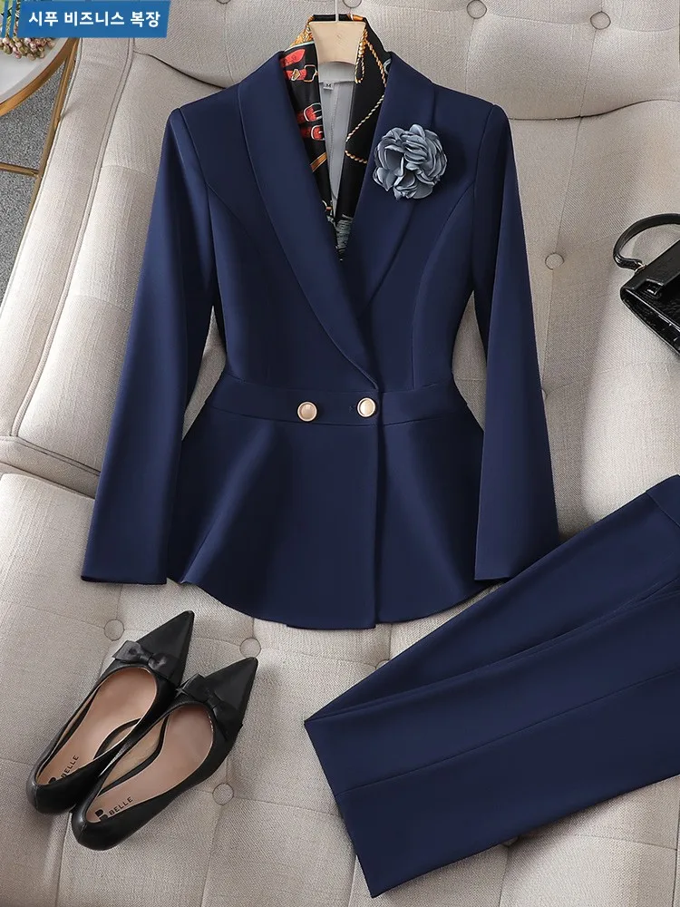High-End Beau Salon Women's Work Uniform Hotel Manager Professional Suit Set Autumn Winter Long Sleeve Polyester Spandex